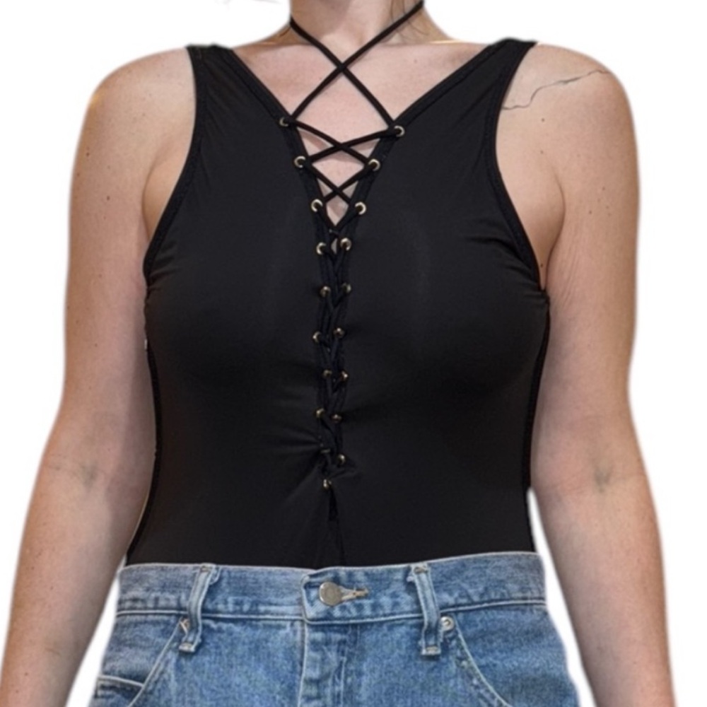 Black Lace-Up Sleeveless Women's Top